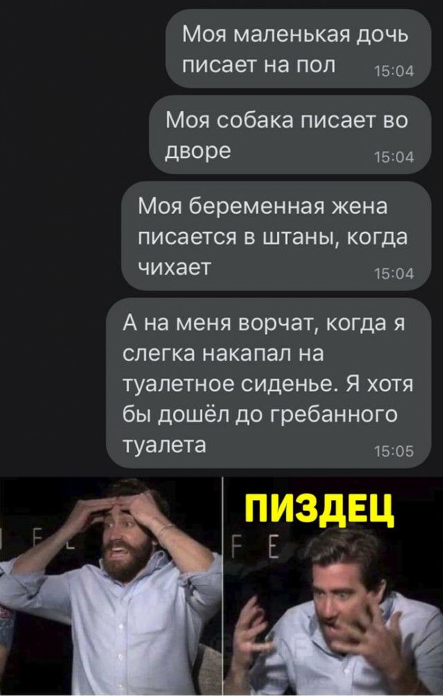 Моя маленькая дочь писает на пол 15 Моясобакаписаетво дворе 15Ю4 Моя беременная жена писается в штаны когда чихает 15 А на меня ворчат когда я слегка накапал на туалетное сиденье Я хотя бы дошёл до гребанного туалета 1505 ПИЗдЕЦ Е