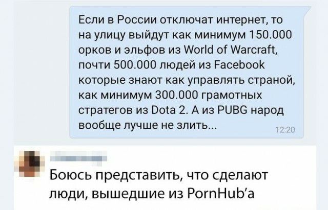 Если в России отключат интернет то на улицу выйдут как минимум 150000 орков и эльфов из Иогш оі Иагсгай почти 500000 людей из РасеЬооК которые знают как управлять страной как минимум 300000 грамотных стратегов из Воіа 2 А из РЦББ народ вообще лучше не злить Боюсь представить что сделают люди вышедшие из РогпНиЬа