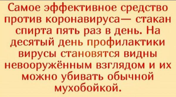 Самое эффективное средство против коронавируса стакан спирта пять раз в день На десятый день профилактики вирусы становятся видны невооружённым взглядом и их можно убивать обычной мухобойкой