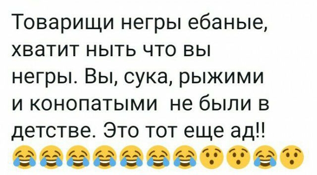 Товарищи негры ебаные хватит ныть что вы негры Вы сука рыжими и конопатыми не были в детстве Это тот еще ад