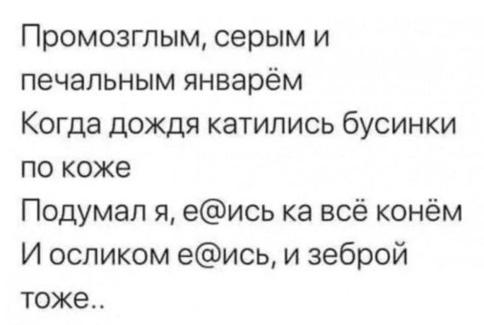 Промозглым серым и печальным январём Когда дождя катились бусинки по коже Подумал я еись ка всё конём И осликом еись и зеброй тоже