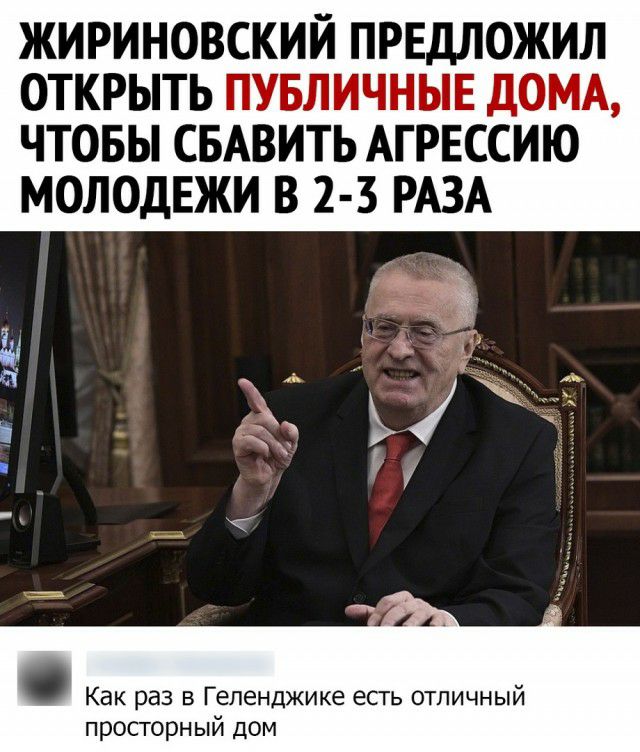 ЖИРИНОВСКИЙ ПРЕДПОЖИЛ ОТКРЫТЬ ПУБЛИЧНЫЕ ДОМА ЧТОБЫ СБАВИТЬ АГРЕССИЮ МОЛОДЕЖИ В 2 3 РАЗА Как раз в Геленджике есгь отличный просторный дом