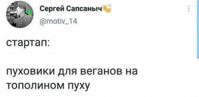 Сергей Сапсаиычч тотічд 4 стартап ПУХОВИКИ дЛЯ веганов на ТОПОЛИНОМ ПУХУ