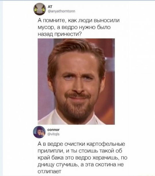 АТ апуакпотшпп А помните как люди выносили мусор а ведро нужно было назад принести7 ъ ёж 5 А в ведре очистки картофельные прилипли и ты стоишь такой 06 край бака это ведро херачишь по днищу стучишь а эта скотина не отпипает