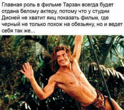 Главная роль в фильме Тарзан всегда будет отдана белому актеру потому что у студии Дисней не хватит яиц показать фильм где черный не только похож на обезьяну но и ведет себя так же