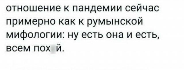 отношение к пандемии сейчас примерно как к румынской мифологии ну есть она и есть всем пох й