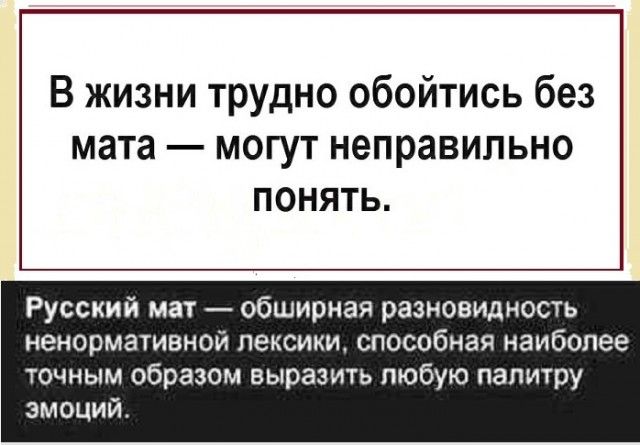 В жизни трудно обойтись без мата  могут неправильно понять. Русский мат  обширная разновидность ненормативной лексики, способная наиболее точным образом выразить любую палитру эмоций.