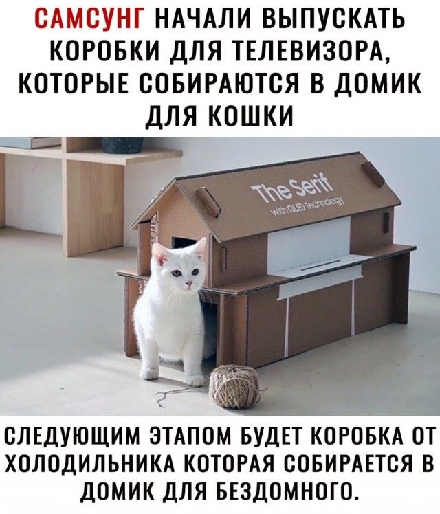 Самсунг начали выпускать коробки для телевизора, которые собираются в домик для кошки й следующим этапом будет коробка от холодильника которая собирается в домик для бездомного.