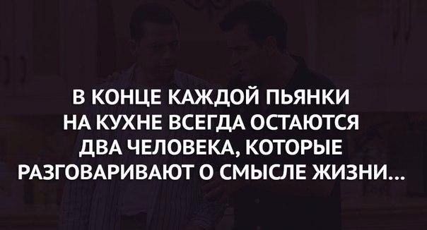 В КОНЦЕ КАЖДОЙ ПЬЯНКИ НА КУХНЕ ВСЕГДА ОСТАЮТСЯ ДВА ЧЕЛОВЕКА КОТОРЫЕ РАЗГОВАРИВАЮТ 0 СМЫСЛЕ ЖИЗНИ