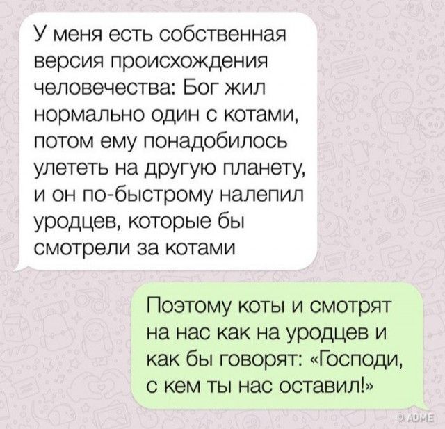 У меня есть собственная версия происхождения человечества Бог жил нормально один с котами потом ему понадобилось улететь на другую планету и он по быотрому налепил уродцев которые бы смотрели за котами Поэтому коты и смотрят на нас как на уродцев и как бы говорят Господи с кем ты нас оставил