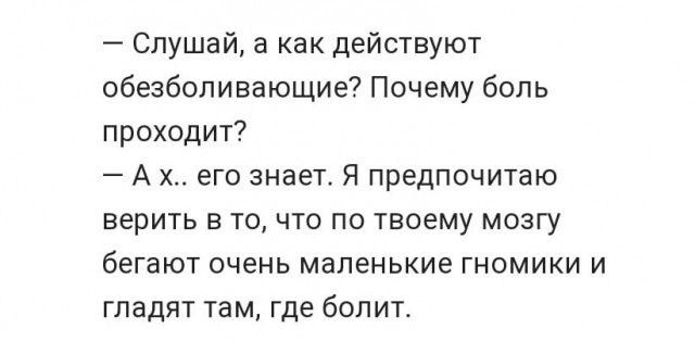 Слушай а как действуют обезболивающие Почему боль проходит А х его знает Я предпочитаю верить в то что по твоему мозгу бегают очень маленькие гномики и гладят там где болит
