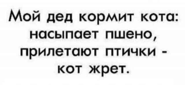 Мой дед кормит кота насыпает пшено прилетают птички кот жрет