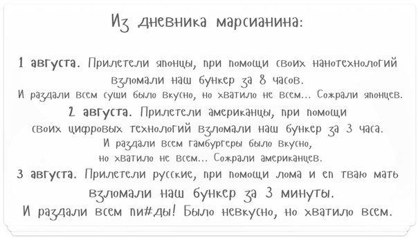 Из дневника марсианинэ 1 августа Прилетели японцы при помощи Впих нанотехнщлогий взломали наш бункср 33 чаша и детали щ уши был шута На хватчп и шт Сахрали мцш 1 авгукта Прилстсли эмфишнцы при ппмащи квоих цифровых тсхнплогий Бушеми наш бункер 53 3 чека и раздали Вам гамбургцры Было Вкупчо на хватило нс Вим Сохрзли змчрикаицсв 3 августа Прилстсли руские при помощи лома и сп гваю мать взломали наш 