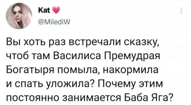 Кат МііесіМ Вы хоть раз встречали сказку чтоб там Василиса Премудрая Богатыря помыла накормила и спать уложила Почему этим постоянно занимается Баба Яга