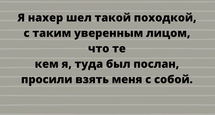 Я нахер шел такой походкой с таким уверенным лицом что те кем я туда был послан просили взять меня с собой