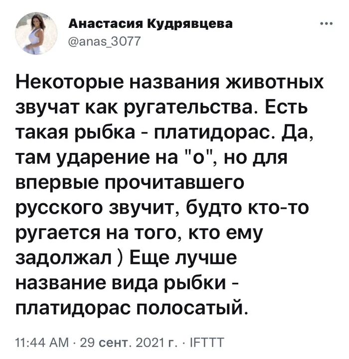 д Анастасия Кудрявцева апа_3077 Некоторые названия животных звучат как ругательства Есть такая рыбка платидорас да там ударение на 0 но для впервые прочитавшего русского звучит будто ктото ругается на того кто ему задолжал Еще лучше название вида рыбки платидорас полосатый 1144 АМ 29 сент 2021 г РТТТ