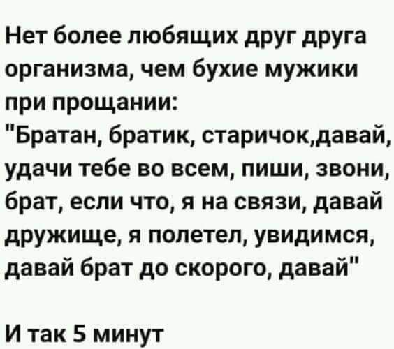 Нет более любящих друг друга организма чем бухие мужики при прощании Братан братик старичокдавай удачи тебе во всем пиши звони брат если что я на связи давай дружище я полетел увидимся давай брат до скорого давай И так 5 минут