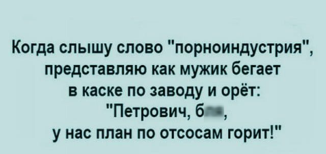 Когда слышу слово порноиндустрия представляю как мужик бегает в каске по заводу и орёт Петрович би у нас план по отсосам горит