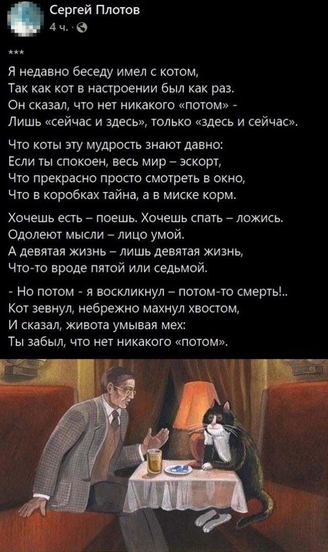Сергей Плотов 4 ч 6 мы Я недавно беседу имел с котом Так как кот в настроении был как раз Он сказал что нет никакого потом Лишь сейчас и здесь только здесь и сейчас Что коты эту мудрость знают давно Если ты спокоен весь мир эскорт Что прекрасно просто смотреть в окно Что в коробках тайна а в миске корме Хочешь есть поешь Хочешь спать ложись Одолеют мысли лицо умой А девятая жизнь лишь девятая жизн