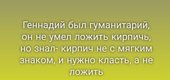 Геннадий был гуманитарий он не умел ложить кирпичь но знал кирпич не с мягким знаком и нужно класть а не ложить