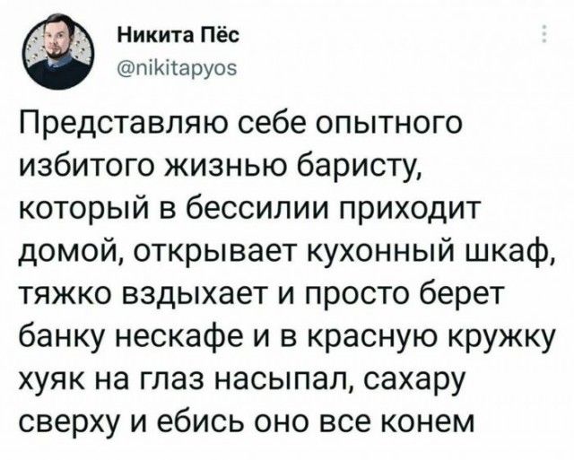 5 Никита Пёс піКітаруоэ Представляю себе опытного избитого жизнью баристу который в бессилии приходит домой открывает кухонный шкаф тяжко вздыхает и просто берет банку нескафе и в красную кружку хуяк на глаз насыпал сахару сверху и ебись оно все конем