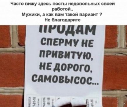 часто вижу здесь посты недовопьиых своеи работи Мужики а как вам такои вариант 7 Не бпигопирип годам сперму не привитю не дорого самовысос