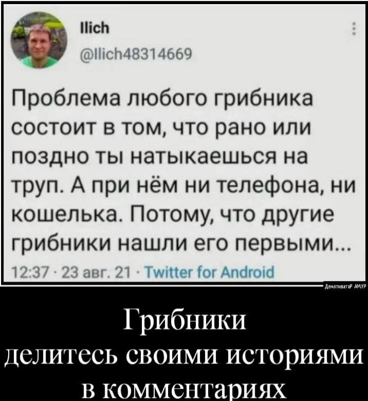 ісЬ 1 1Мхч Проблема любого грибника состоит в том что рано или поздно ты натыкаешься на труп А при нём ни телефона ни кошелька Потому что другие грибники нашли его первыми 1і ш1 Грибники Делитесь своими историями В коммента оиях