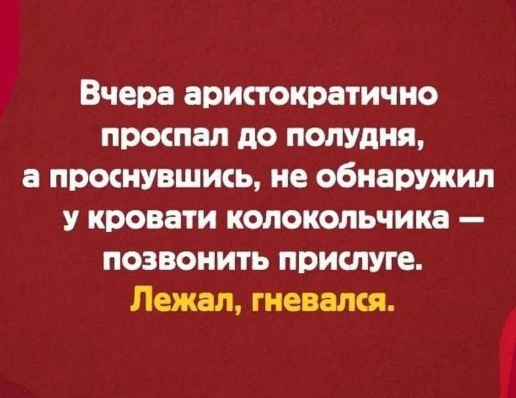 Вчера аристократично проспал до полудня а проснувшись не обнаружил у кровати колокольчика позвонить приспуге Лежал гневался