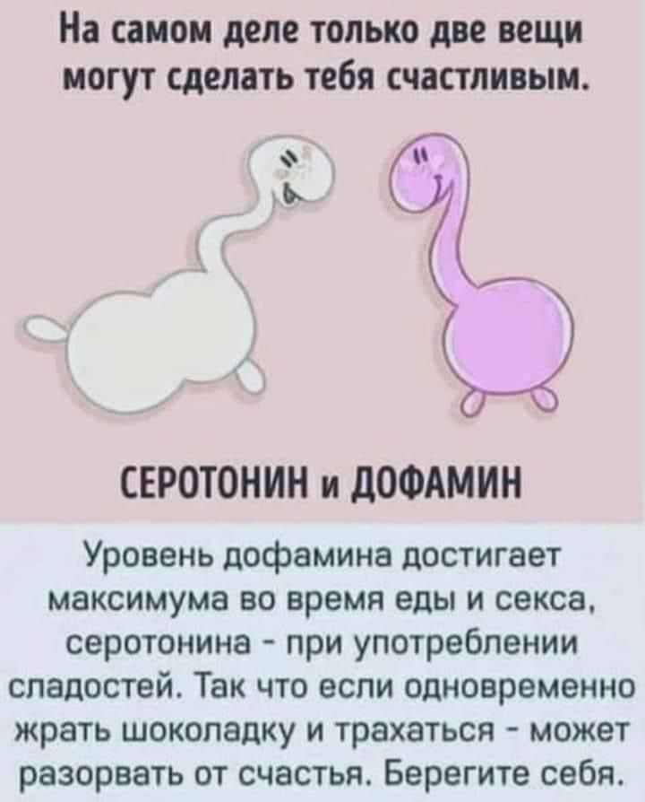На самом деле только две вещи могут сделать тебя счастливым.  С ь г серотонин и дофамин уровень дофамина достигает максимума во время еды и секса, серотонина  при употреблении сладостей. Так что если одновременно жрать шоколадку и трахаться  может разорвать от счастья. Берегите себя.