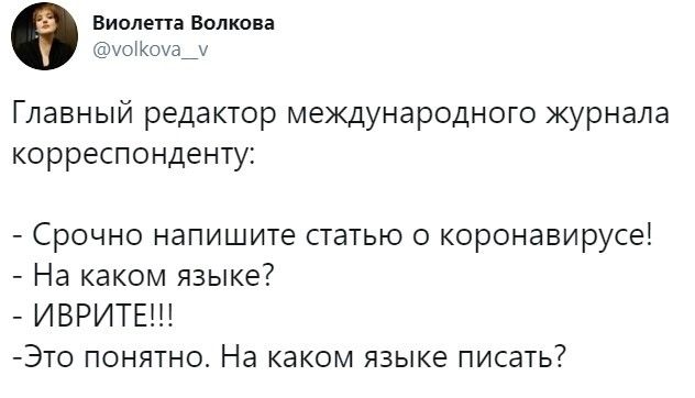 Виолепа Волкова моН0а_ Главный редактор международного журнала корреспонденту Срочно напишите статью о коронавирусе На каком языке ИВРИТЕП Это понятно На каком языке писать