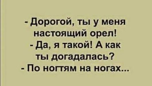 Дорогой ты у меня настоящий орел да я такой А как ты догадалась По ногтям на ногах