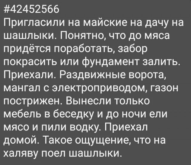 42452566 Пригласили на майские на дачу на шашлыки Понятно что до мяса придётся поработать забор покрасить или фундамент запить Приехали Раздвижные ворота мангал с электроприводом газон пострижен Вынесли только мебель в беседку и до ночи ели мясо и пили водку Приехал домой Такое ощущение что на халяву поел шашлыки