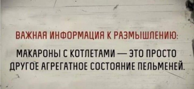 1 ВАЖНАЯ ИНФОРМАЦИЯ К РАЗМЫШЛЕНИЮ МАКАРОНЫ С КОТЛЕТАМИ ЭТО ПРОСТО А ЦРУГОЕ АГРЕГАТНОЕ СОСТОЯНИЕ ПЕПЬМЕНЕИ