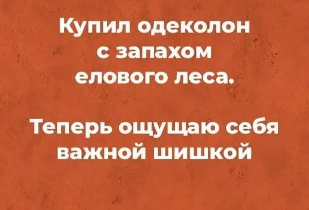 Купил одеколон запахом епового леса Теперь ощущаю себя важной шишкой