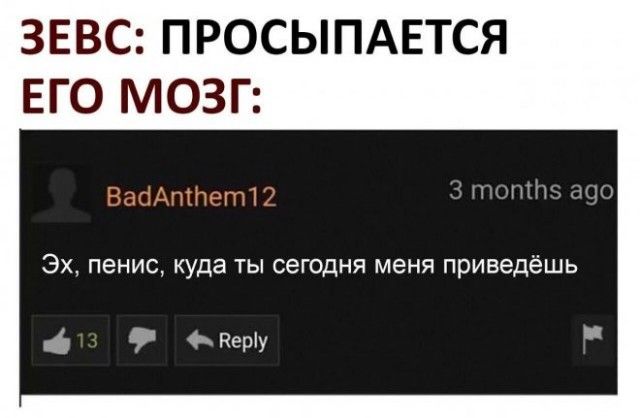 ЗЕВС ПРОСЫПАЕТСЯ ЕГО МОЗГ Эх пенис куда ты сегодня меня приведёшь пешу