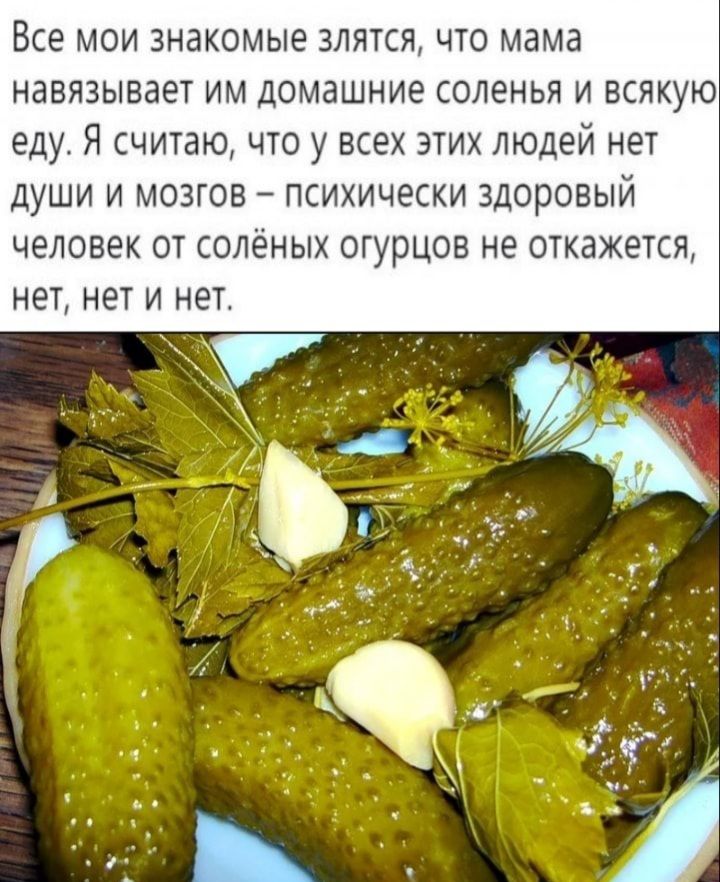 Все мои знакомые злятся что мама навязывает им домашние соленья и всякую еду Я считаю что у всех этих людей нет души и мозгов психически здоровый человек от солёных огурцов не откажется нет нет И НЕТ
