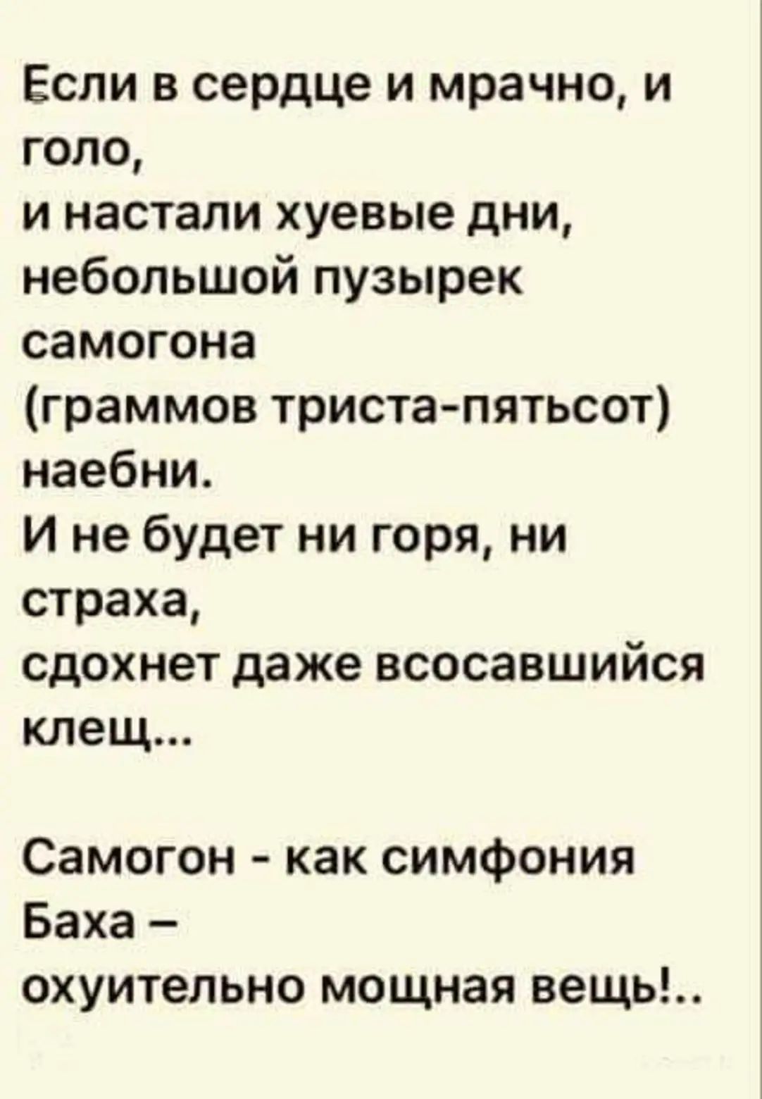 Если в сердце и мрачно и голо и настали хуевые дни небольшой пузырек самогона граммов тристапятьсот наебни И не будет ни горя ни страха сдохнет даже всосавшийся клещ Самогон как симфония Баха охуительно мощная вещь