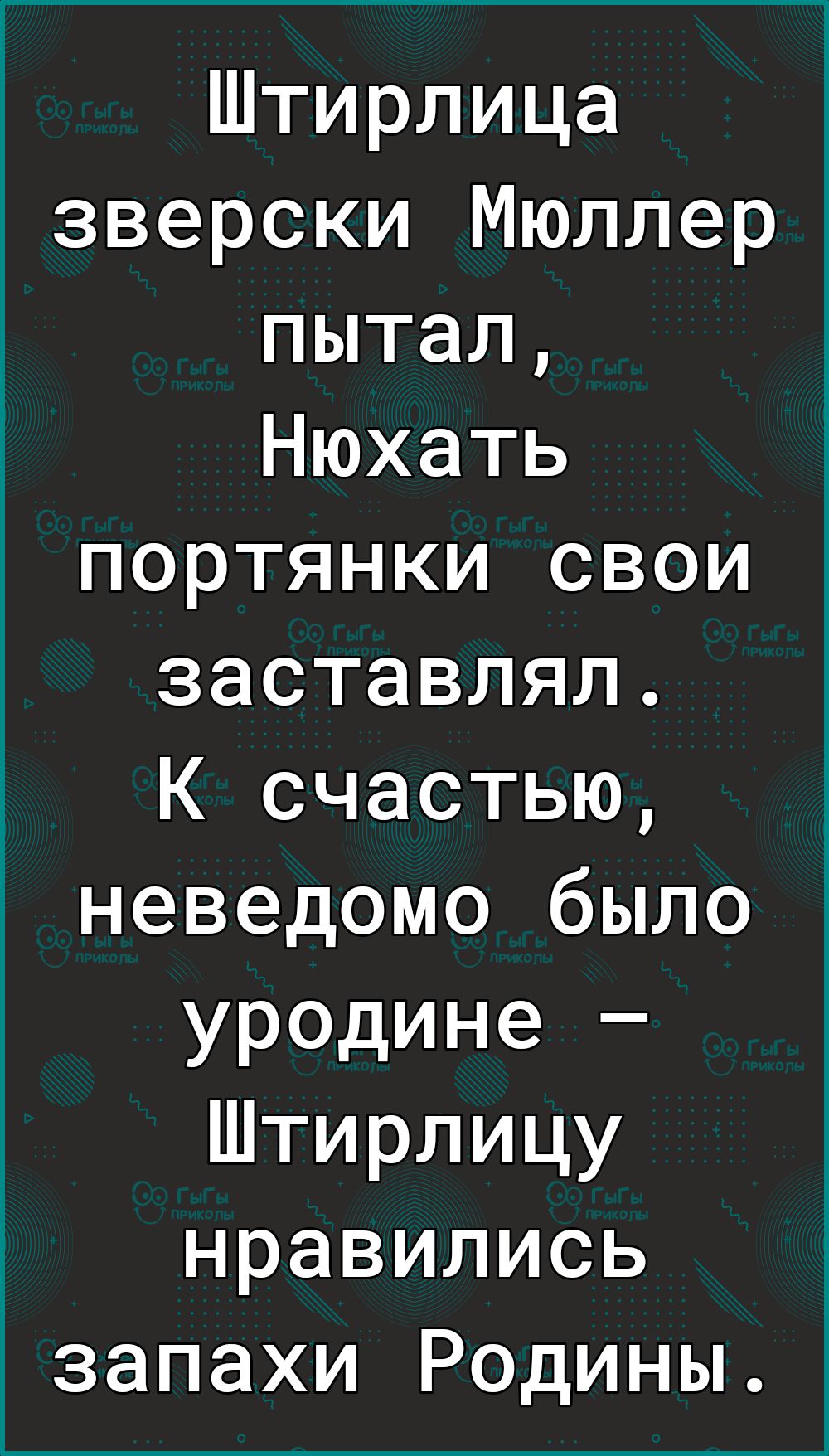Штирлица зверски Мюллер пытал Нюхать портянки свои заставлял К счастью неведомо было уродине Штирлицу нравились запахи Родины