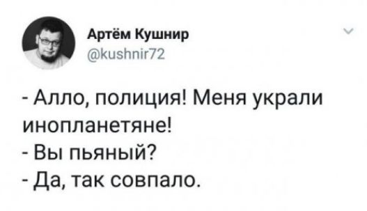 Днём Кушнир амизпппш Алло полиция Меня украли инопланетяне Вы пьяный Да так совпало