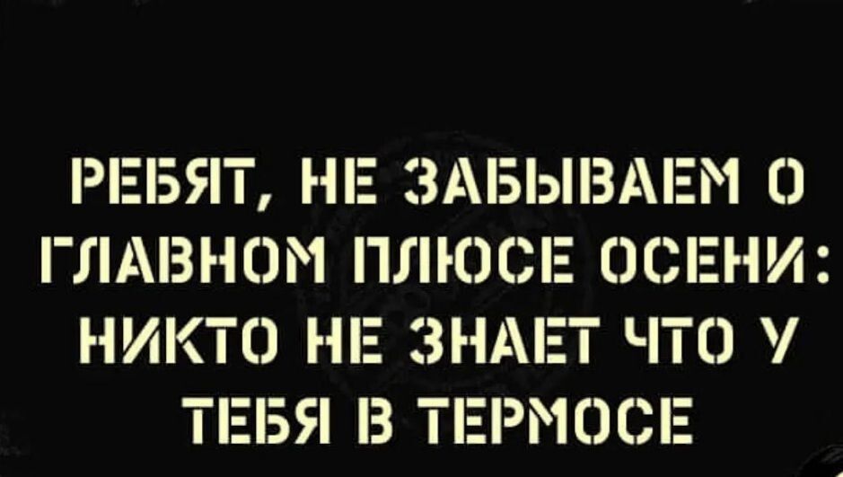 РЕБЯТ НЕ ЗАБЫВАЕМ О ГЛАВНОМ ПЛЮСЕ ОСЕНИ НИКТО НЕ ЗНАЕТ ЧТО ТЕ5Я В ТЕРМОСЕ