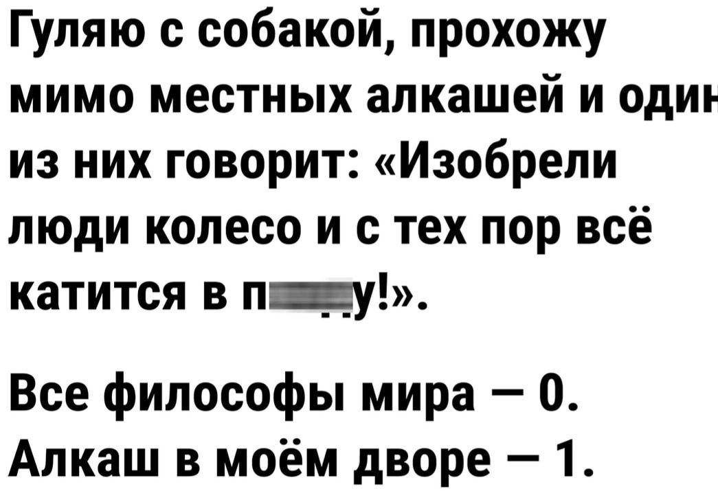 Гуляю с собакой прохожу мимо местных алкашей и одиъ из них говорит Изобрели люди колесо и с тех пор всё катится в пчу Все философы мира О Алкаш в моём дворе 1
