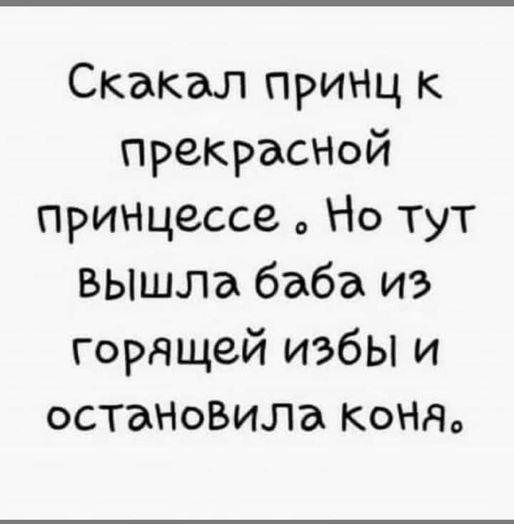 Скакал принц к прекРасНой принцессе Но тут ВЬшла баба из горящей избы и остаНоВила коняо