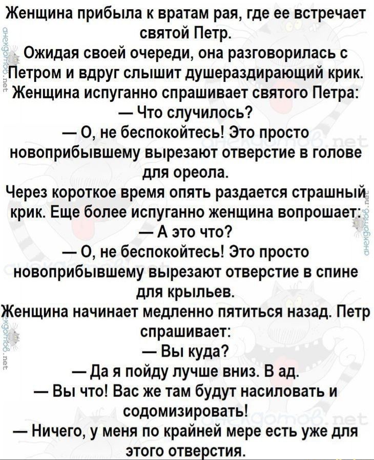 Женщина прибыла к вратам рая где ее встречает святой Петр Ожидая своей очереди она разговорилась Петром и вдруг слышит душераздирающий крик Женщина испуганно спрашивает святого Петра Что случилось 0 не беспокойтесь Это просто новоприбывшему вырезают отверстие в голове для ореола Через короткое время опять раздается страшный крик Еще более испуганно женщина вопрошает А это что 0 не беспокойтесь Это