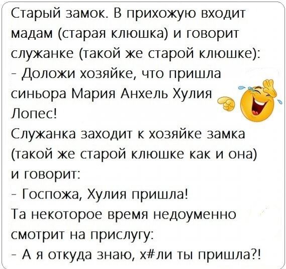 Старый замок В прихожую входит мадам старая клюшка и говорит служанке такой же старой клюшке Доложи хозяйке что пришла синьора Мария Анхель Хулия Лопес Служанка заходит к хозяйке замка такой же старой клюшке как и она и говорит _ Госпожа Хулия пришла Та некоторое время недоуменно смотрит на прислугу _ А я откуда знаю хли ты пришла