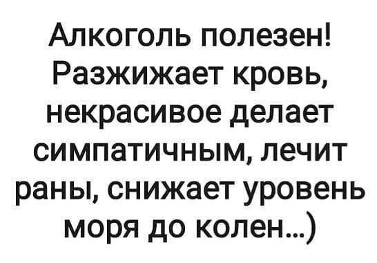 Алкоголь полезен Разжижает кровь некрасивое делает симпатичным лечит раны снижает уровень моря до колен