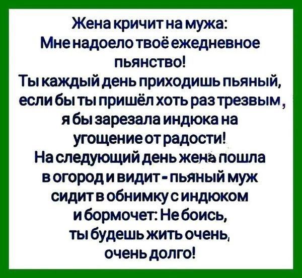 Жена кричит на мужа Мне надоелотвоё ежедневное пьянство Ты каждый день приходишь пьяный если быты пришёл хоть разтрезвым я бы зарезала индюка на угощение от радости На следующий день жена пошла в огород и видит пьяный муж сидитв обнимкус индюком и бормочет Не боись ты будешь жить очень очень долго