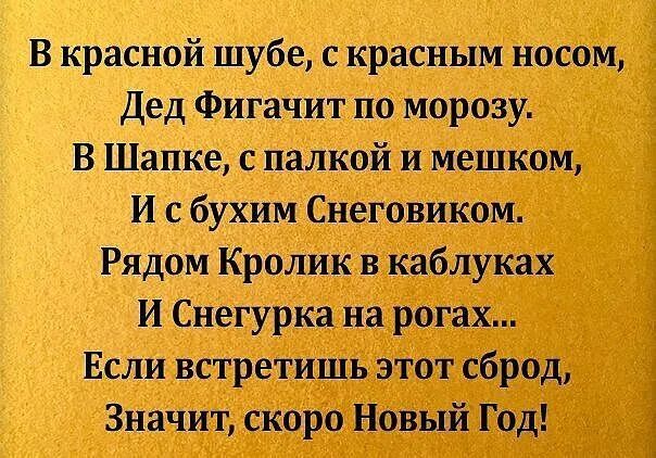 В красной шубе с красным носом Дед Фигачит по морозу В Шапке с палкой и мешком И бухим Снеговиком Рядом Кролик н каблуках И Снегурка на рогах Если встретишь этот сброд Значит скоро Новый Год