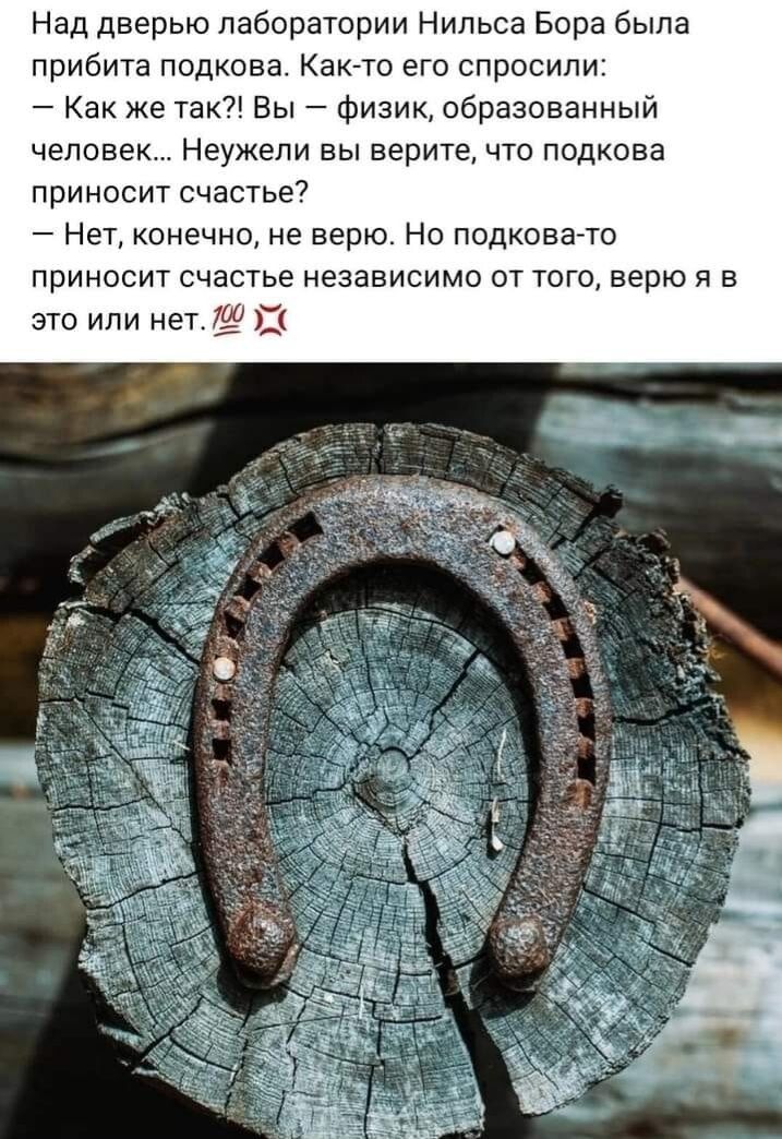 Над дверью лаборатории Нильса Бора была прибита подкова Как то его спросили Как же такі Вы физик образованный человек Неужели вы верите что подкова приносит счастье Нет конечно не верю Но подковэтп приносит счастье независимо от того верю я в это или нет