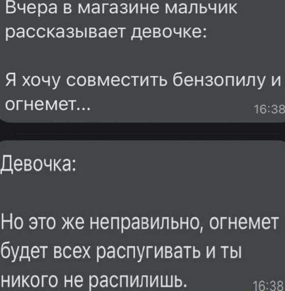 Вчера В магазине МЭЛЬЧИК рассказывает девочке Я хочу совместить бензопилу и огнемет 38 Девочка Но это же неправильно огнемет будет всех распугивать и ты никого не распипишь 1638