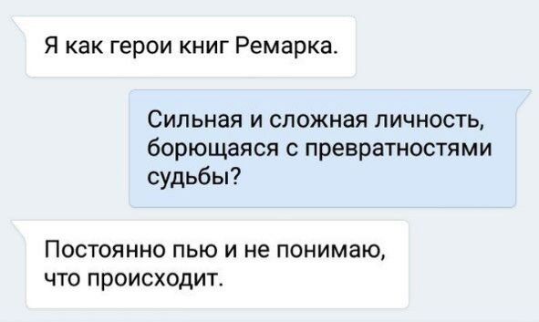 Я как герои книг Ремарка Сильная и сложная личность борющаяся с превратностями судьбы Постоянно пью и не понимаю чта происходит